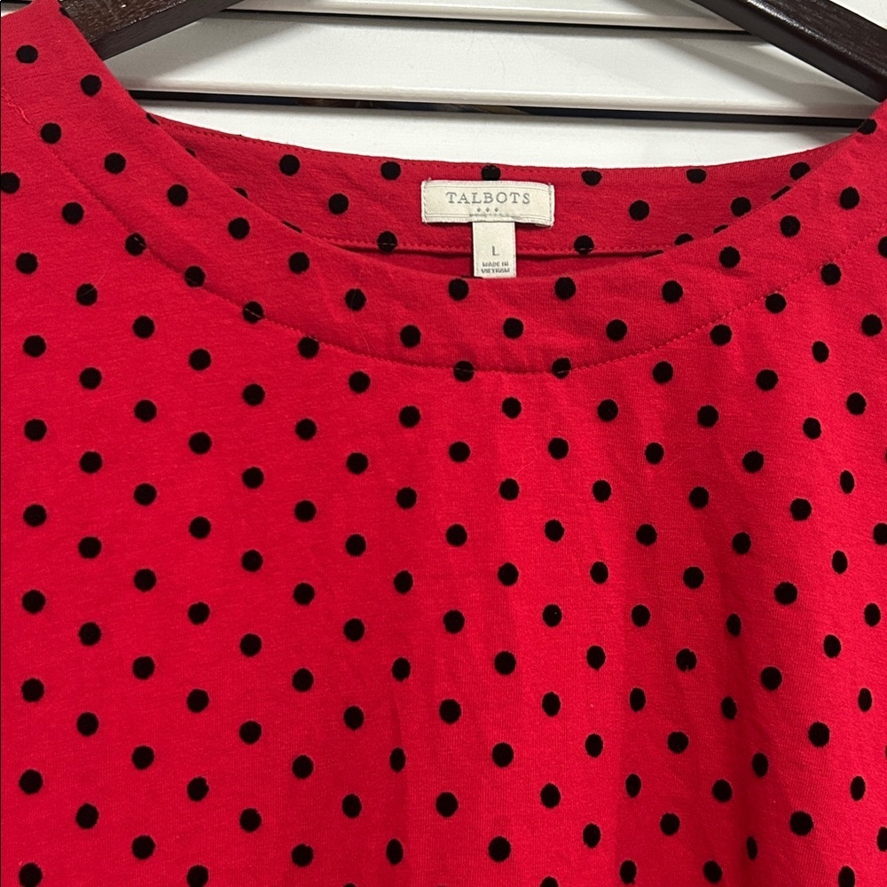 Talbots Red and Black Velvet Polka Dot Long Sleeve Top - Picture 2 of 5